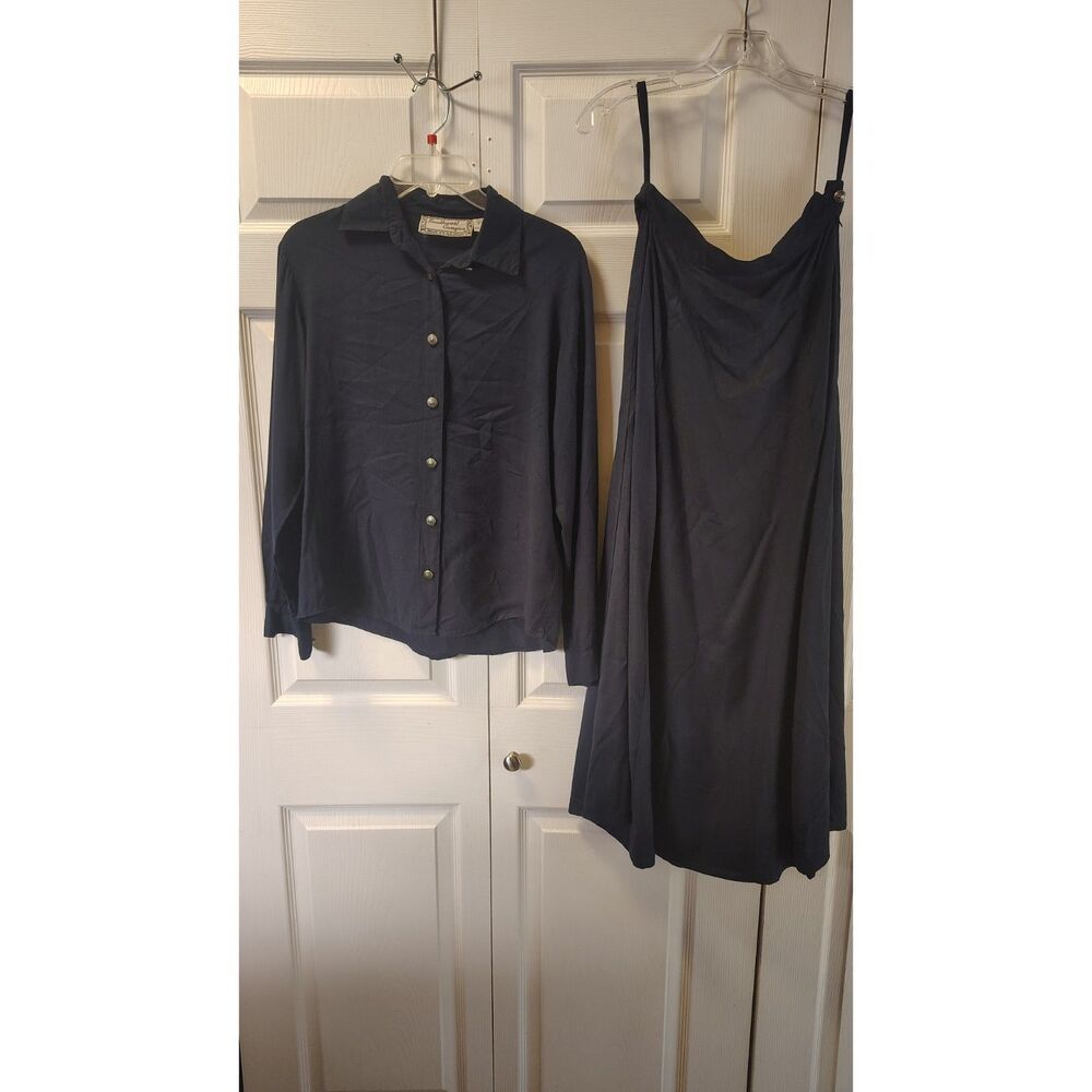 Vintage Southwest Canyon Navy Blue Rayon Skirt Set Button Up Blouse Midi Small